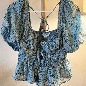 ASTR Mint Green Floral Puff Sleeve Top